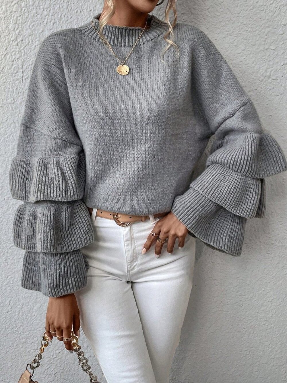 Women's Mock Neck Layer Sleeve Ruffle Trim Sweater - Picture 6 of 6